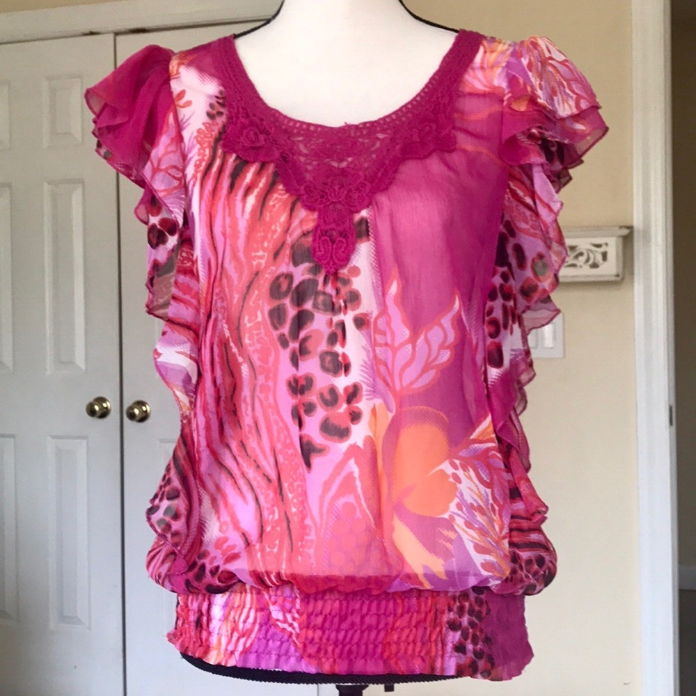 PINK SUGAR EMBROIDERED FLUTTER SLEEVE TOP